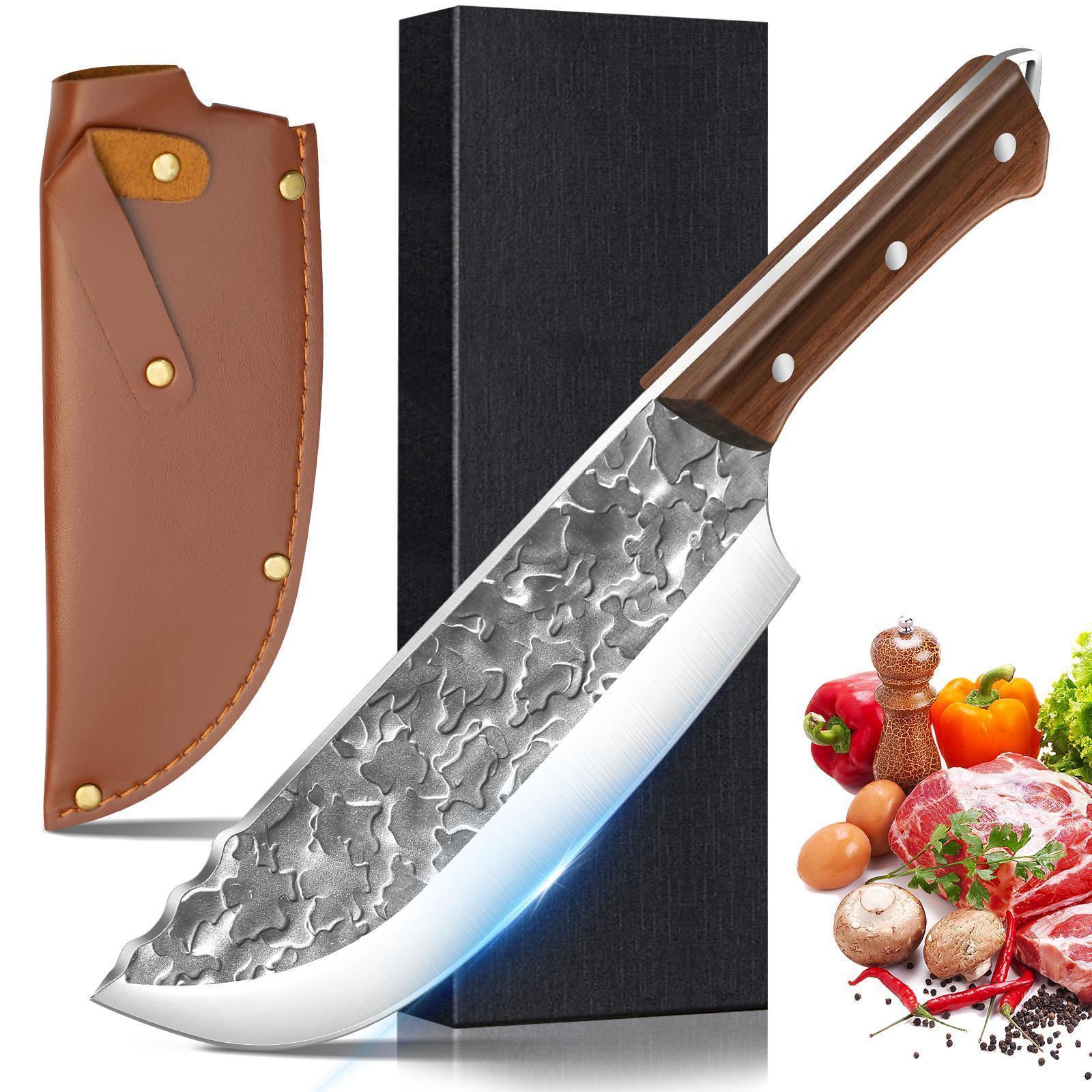 Japanese Chef Knife – Handmade High Carbon Steel Meat Cleaver, Viking Butcher Knife with Sheath, Multipurpose for Meat Cutting, BBQ, Outdoor, Camping, Sharp Blade