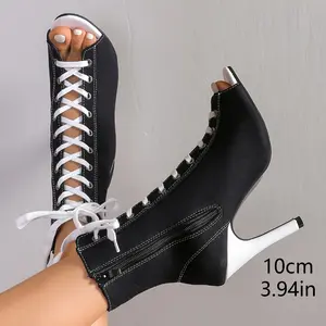 Women's Black Open-Toe Stiletto Heel Ankle Boots with Lace-Up Closure - Ultra-High Fabric Upper & Durable Rubber Sole, Summer Fashion Pumps for Casual or Formal Events, High Heel Boots, Formal Event Footwear, Sleek Side Slit, Fabric Upper F