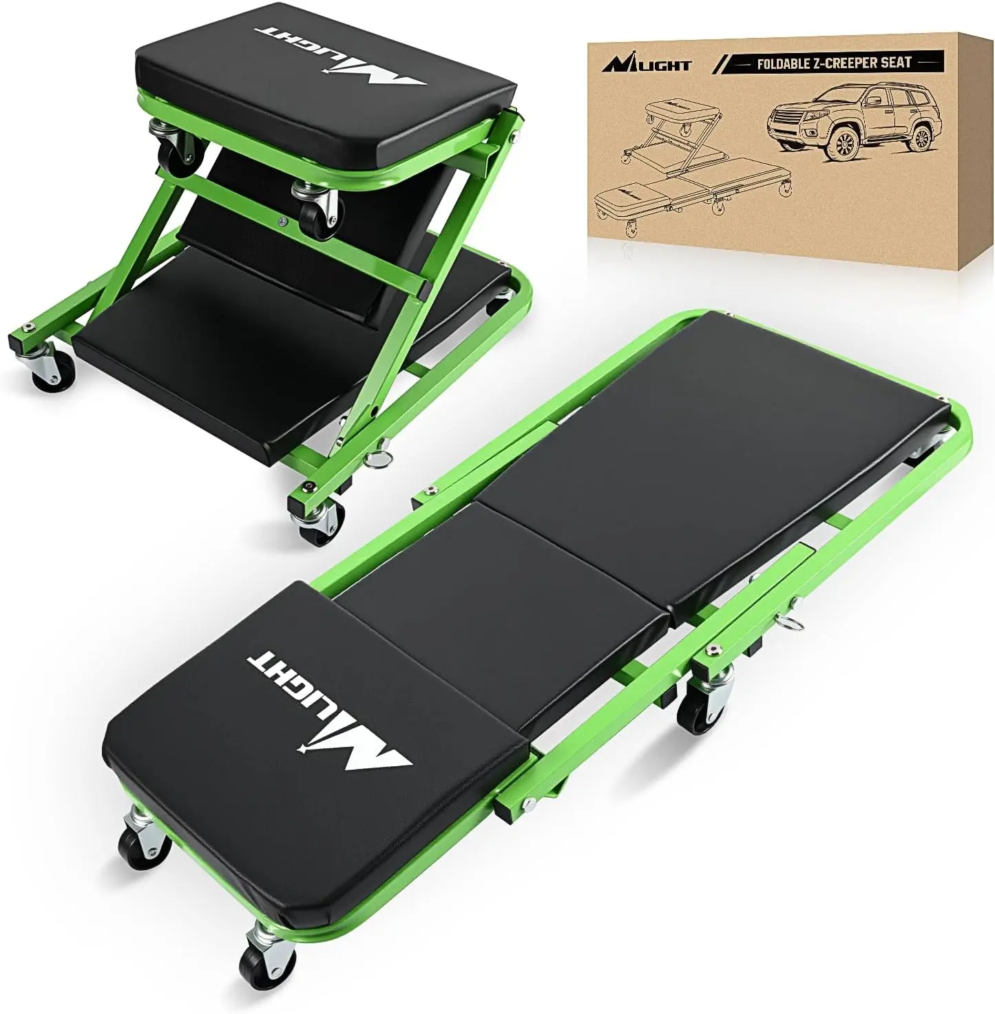 Nilight 36in Z Creeper 2-in-1 Rolling Folding Steel Frame Car Seat, High-Density Folding Pad, Quick-Switch Rolling Design, 330lbs Max Capacity, Green Black Hand Tools Automotive for Garage Vehicle Repair, 360° Tight‑Space Roll, Cushioned Headrest