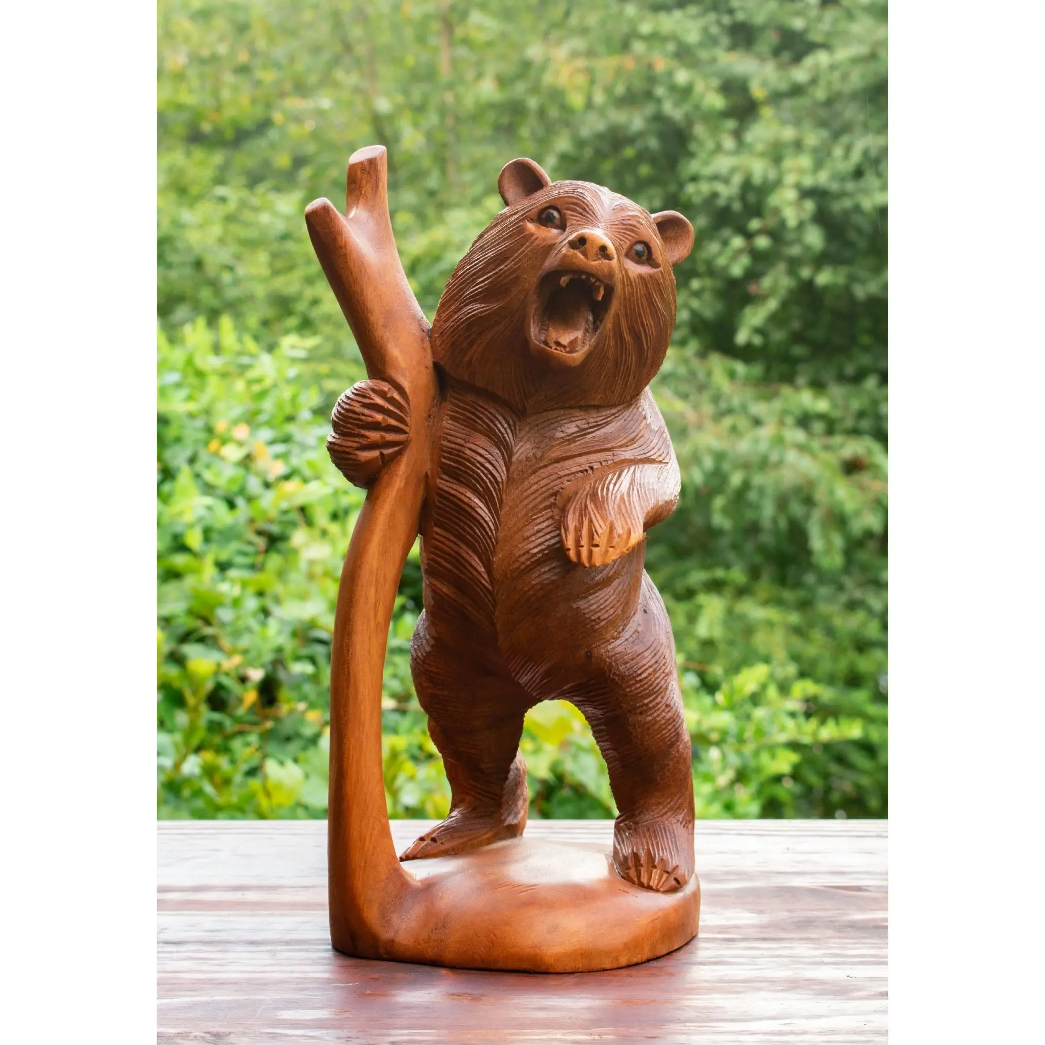 Wooden Hand Carved Grizzly Bear in a Tree Statue Handcrafted Handmade Figurine Sculpture Art Lodge Cabin Outdoor Indoor Home Decor Accent Decoration