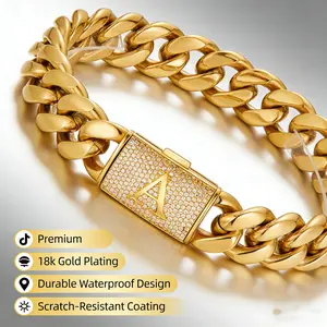 14mm Gold Miami Cuban Link Initial Bracelet – Custom A–Z Letter 18K Real Gold Plated Stainless Steel Solid Bracelet Waterproof & Scratch-Resistant Comes Perfect Gift for Boyfriend or Girlfriend chain