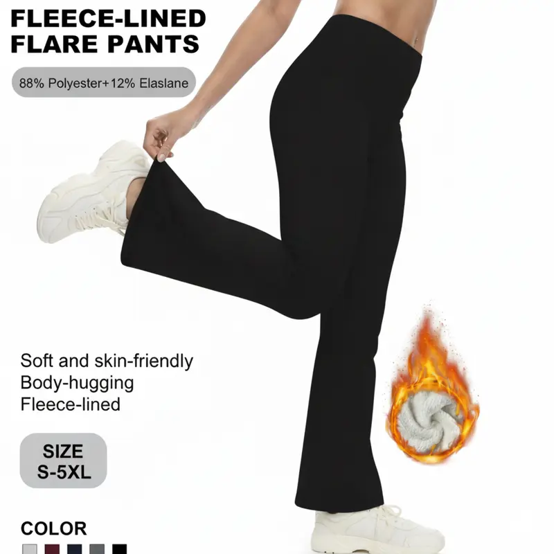 Women's Plus Size High-Waist Fleece-Lined Flared Bottom Pants 3-Pack - Thick, 4-Way Stretch Polyester-Elastane Fabric, Tummy Control, Deep Pockets, Outdoor Style Winter Basics, S-5XL