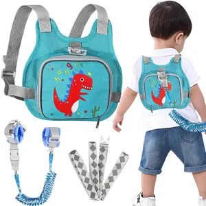 Toddler Harness Leash + Anti Lost Wrist Link, Dinosaur Baby Harnesses with Kids Leashes for Boys, Cute Child Walking Anti-Lost Holder Bracelet Strap Tether for Outdoor Keep Kid Close (Blue)