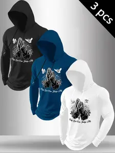 Men's 3-Piece Graphic Letter Print Hooded Long Sleeve T-Shirt Set, Casual Street Fashion Fitted Kint Fabric, Spring & Fall Outdoor Wear, 3-Pack, Tops, Hoodie Streetwear Sweatshirt