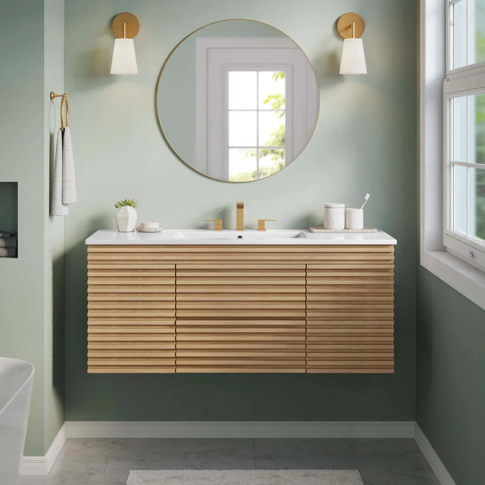 Modway Render 48" Mid-Century Modern Wall-Mount Bathroom Vanity Set with Adjustable Bathroom Wall Cabinet, Particleboard Construction, 48" Ceramic Basin Top, Oak White Finish