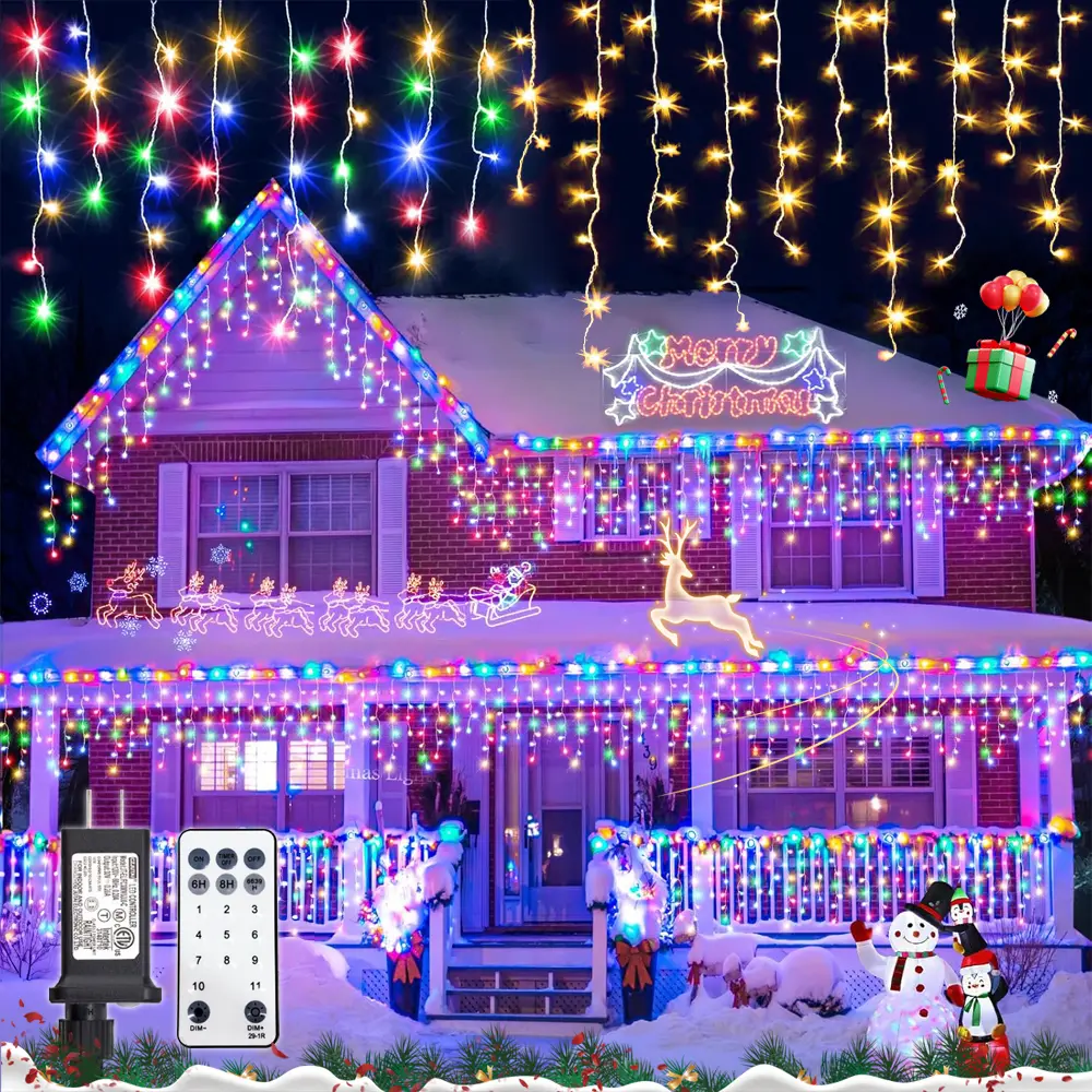 Outdoor Color-Changing Christmas Icicle LED Lights, 19.69Ft 306LEDs, Waterproof, 11 Modes, Remote-Controlled, Connectable for Decoration, Fence, Roof Eaves, Non-Smart Home Improvement Lighting