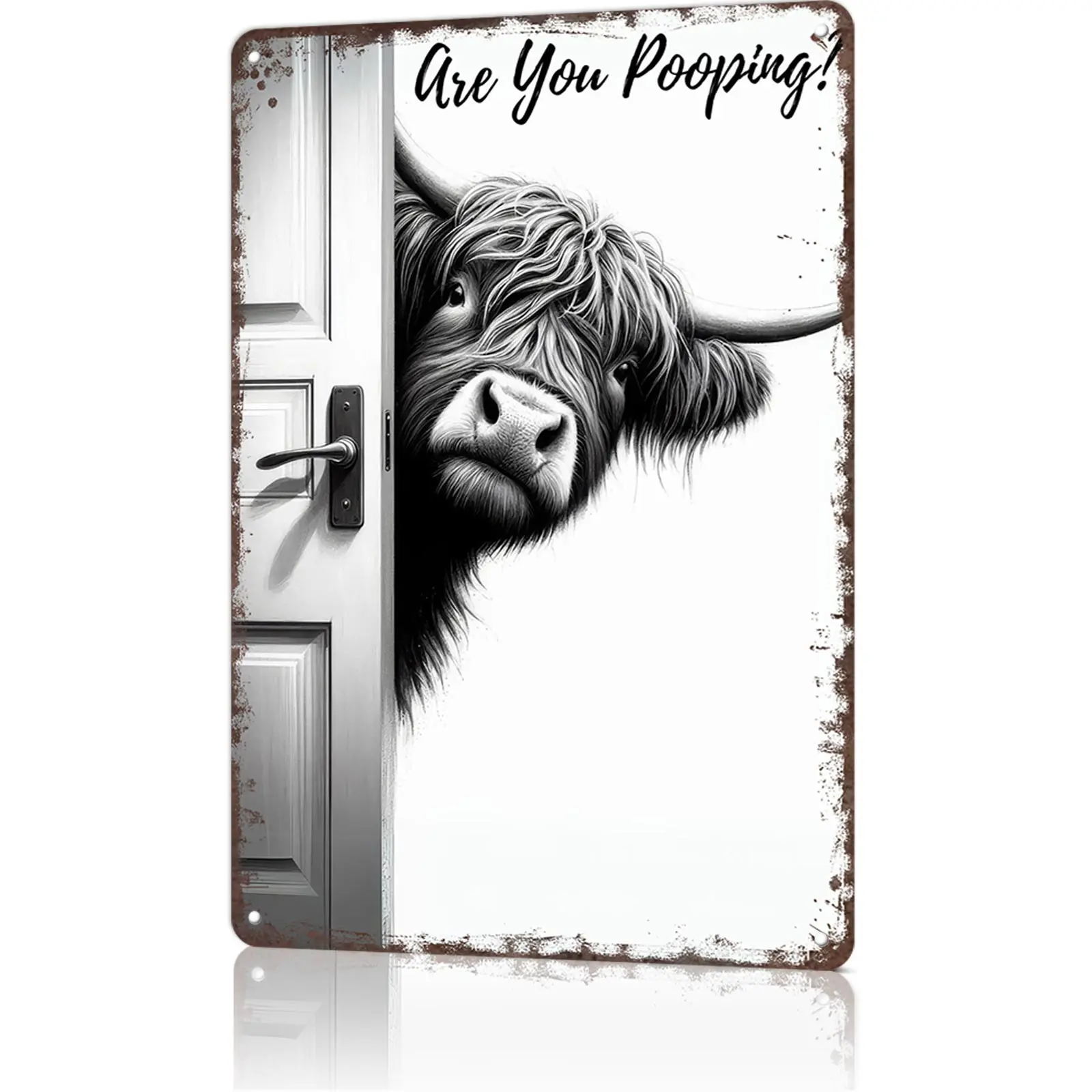 Vintage Rustic Highland Cow Aluminium Decorative Plaque Sign (8x12 in), Funny "Are You Pooping?" Black-White Bold Cow Graphic, Western Bathroom Home Decor Items, Home Supplies Gift for Animal Enthusiasts