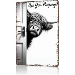Vintage Highland Cow Aluminum Sign: Funny "Are You Pooping?"Black and White Bathroom Wall Decor for Western & Highland Cow Lovers 8 x 12 Inch Decorative Plaque