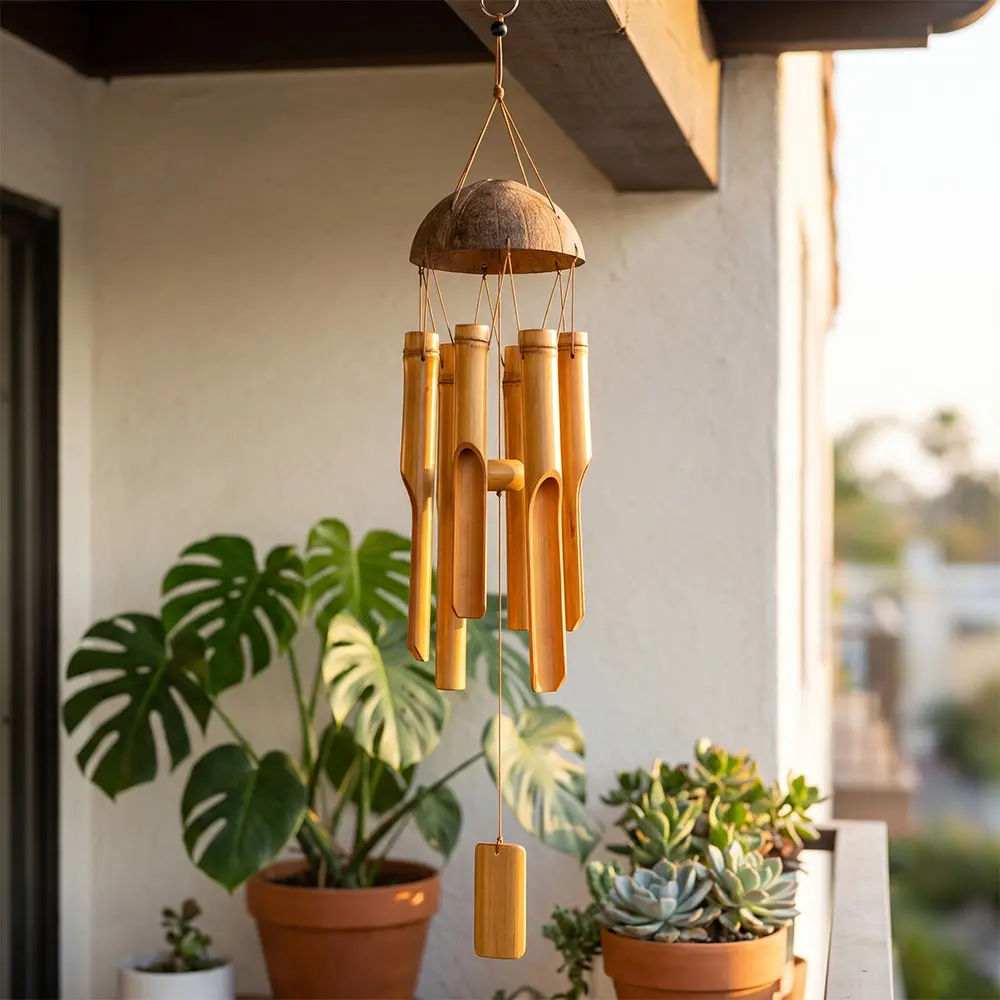 Bamboo And Coconut Wind Chime - Crafted from Natural Bamboo And Coconut Shell, Featuring a Robust Hanging Design for Distinctive Garden Decoration - Produces Soothing Sounds for Outdoor Areas