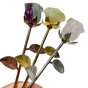 Pretty Crystals 3 Counts Fluorite Rose Crystal with Golden Silvery Leaves Healing Crystal Gem Reiki Healing Home Decor Jewelry Shop Decorative Flower 3.6*3*3cm Oval Shape Natural Stone for Stress Relief & Balance