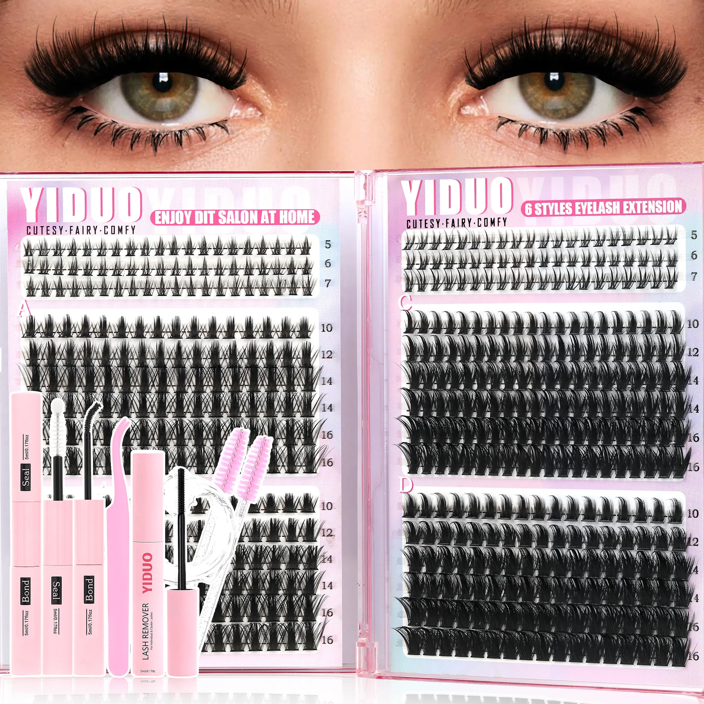 6 Styles Volume Lash Clusters Kit, Eyelashes Extensions Kit, Eyelash Extensions Set, Individual false eyelash, Lash Extensions 10-18mm 534 Pcs with Eyelash glue, Lash Remover, Tweezers, Eyelash Brush