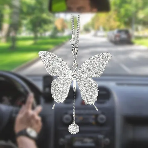 Shiny Butterfly Car Hanging Ornament, Cute Rearview Mirror Decoration, Women's Auto Accessories, Fun Car Accessories, Lucky Gift Charm, Fits All Cars, Girly Car Accessories, Car Decorations, Car Ornaments