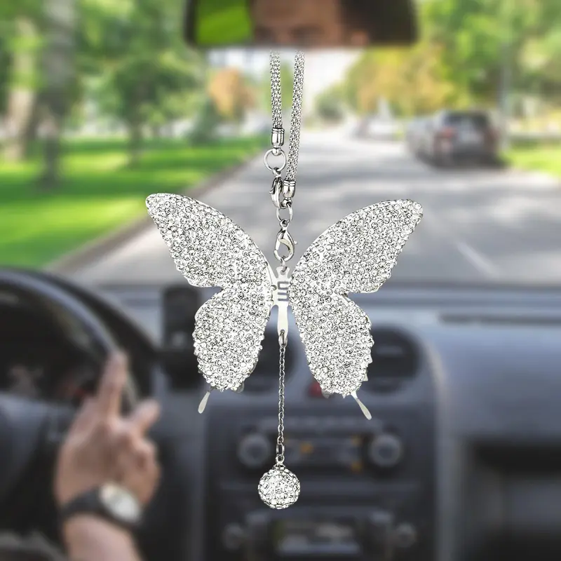 Shiny Butterfly Car Hanging Ornament, Cute Rearview Mirror Decoration, Women's Auto Accessories, Fun Car Accessories, Lucky Gift Charm, Fits All Cars, Girly Car Accessories, Car Decorations, Car Ornaments