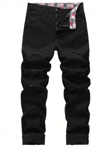 Men's Ripped Non-Stretch Regular Fit Straight-Leg Denim Pants Jeans