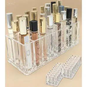24-Slot Acrylic Perfume Display Organizer Refillable Rollerball Holder Tall Essential Oil Storage Case Reusable Scented Beauty Container with Removable Lid