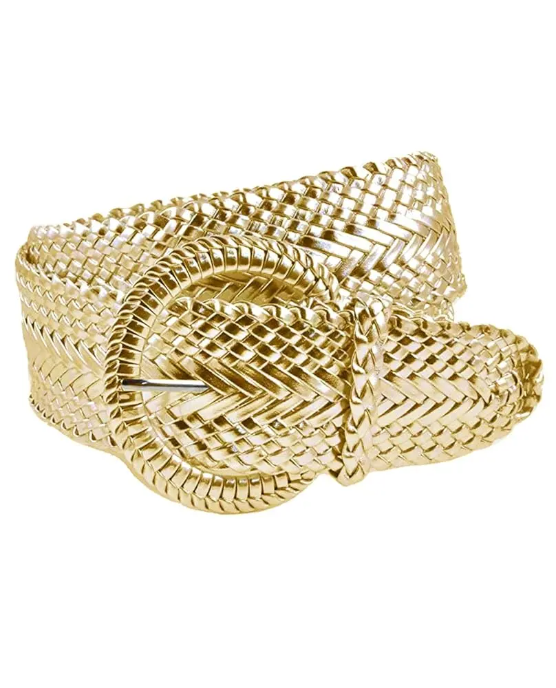 Women's Faux Leather Metallic Wide Belt with Web Woven Braid Design in Gold