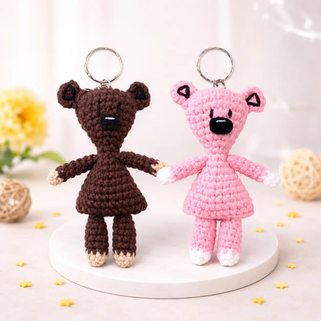 Handmade Crochet Brown and Pink Bear Keychain – Cute Mini Plush Charm for Bags, Keys, Birthday Gifts and Everyday Accessories