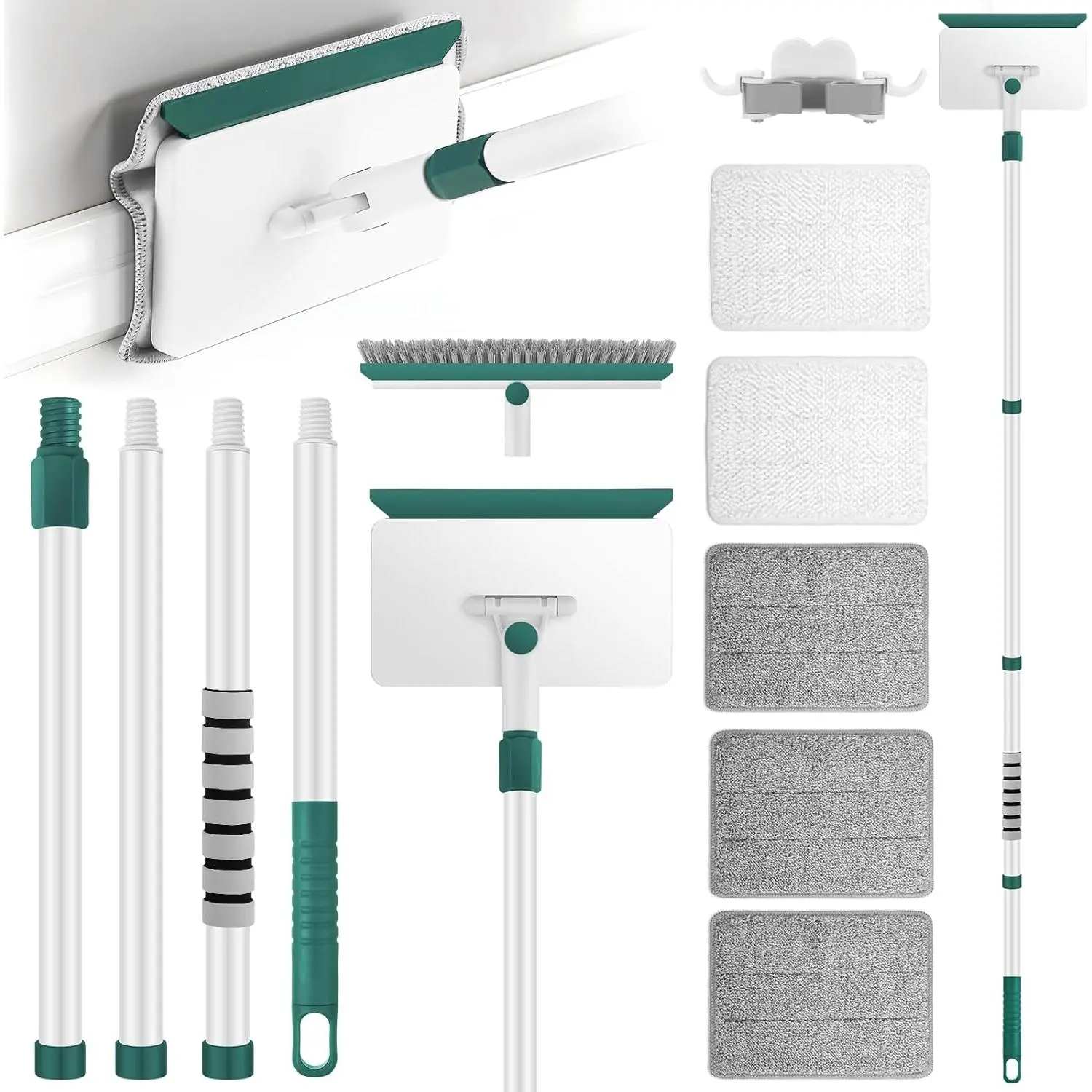 Baseboard Cleaner Tool with Handle, 60" Extendable Long Handle Baseboard Cleaner with 5  Pads for Baseboards Cleaning, Ceiling, Wall, Floor, Bathroom, Kitchen