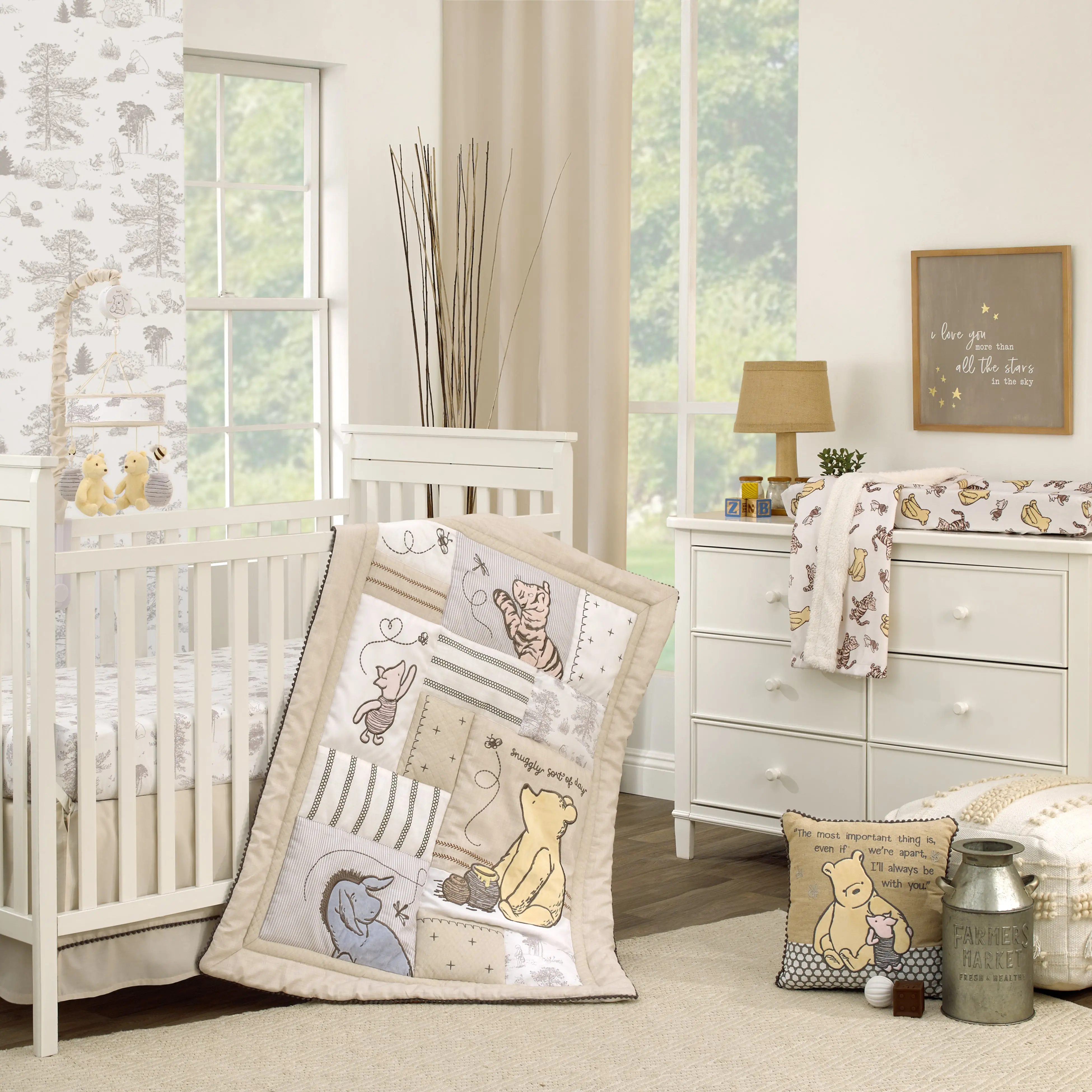 Disney Classic Winnie the Pooh Hunny Fun 3 Piece Crib Bedding Set - Comforter, 100% Cotton Fitted Crib Sheet, and Crib Skirt for Nursery