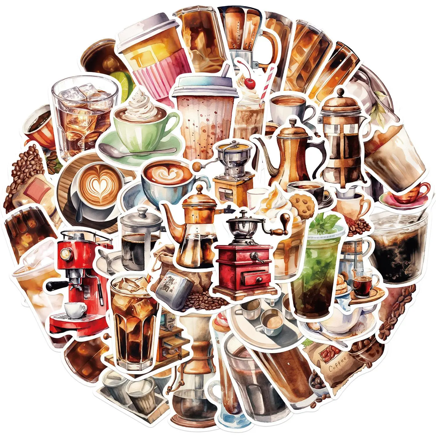 Coffee Themed Sticker, 50pcs/set Watercolor Coffee Pattern Decorative Sticker, DIY Decals for Water Bottle, Laptop, Phone Case, Scrapbooking, Journal Making, Ornaments