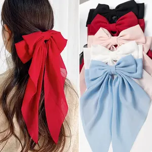 5pcs Large Satin Bow Barrette Hair Clips Long Ribbon Bow Clip Big Hair Bows for Women French Barrettes Metal Clips Hair Clip for Girls Cute Accessories (Style A black pink white blue)