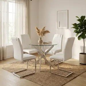 ARCH Round Glass Dining Table Set for 4, 35.5" Glass Dining Table with Silver Legs, Modern Kitchen Table for Home Kitchen(silver table and white chairs)