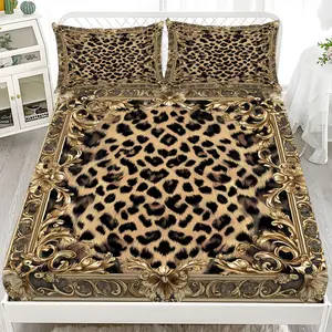 Fitted Sheet 3-Piece Set - 2D Flat Printed Black and Gold Leopard Print Mattress Covers, Available in 10 Sizes (1 fitted sheet + 2 pillowcases, no insert). skin-friendly and breathable bedding, suitable for family bedrooms .