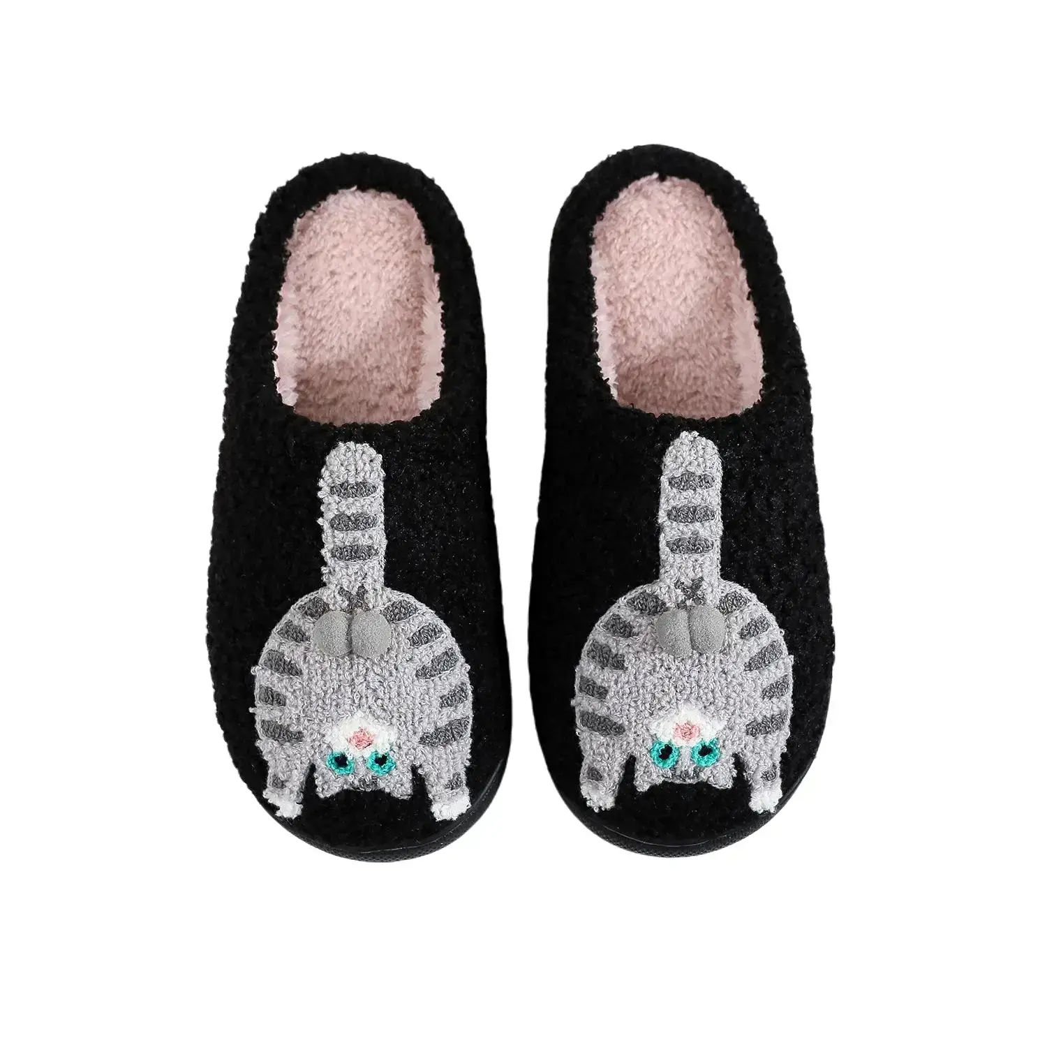 Cute Cat Plush Slippers, Low Flat Slides for Women & Men, Cozy Comfortable Indoor House Shoes for Autumn Winter, Cute Slippers, Fluffy House Slippers, Flat Slipper