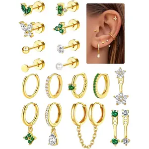 (NOT Sold in Pairs) 18pcs 18K Gold Plated Single Stainless Steel Flat Back Earrings Set for Women – Mix & Match Ear Piercing Jewelry Gifts