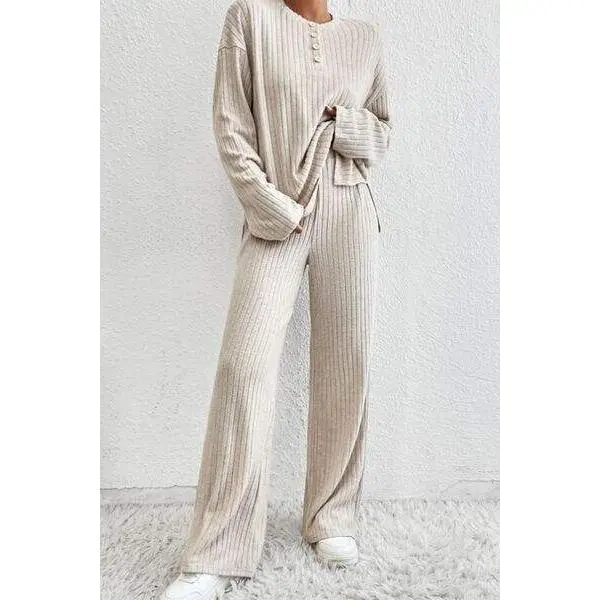 Ribbed Half Button Knit Top and Pants Set