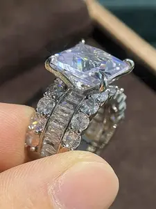 S925 Sterling Silver Artificial Zircon Emerald Cut Solitaire Ring, Wedding Engagement Ring, Fashion Accessories for Women, Trendy All-match & Exquisite Jewelry for Birthday Gift, Statement Ring