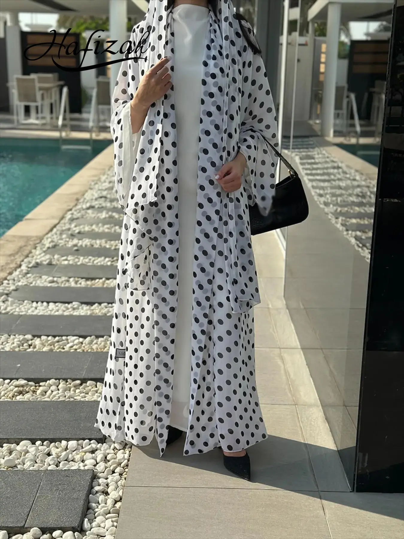 Hafizah Polka Dot Long Lightweight Flowy Cardigan Set, Chiffon Flowy Outerwear With Scarf, Plus Size Loose Fit Women's 2-Piece, All Seasons Longline Summer Cardigan