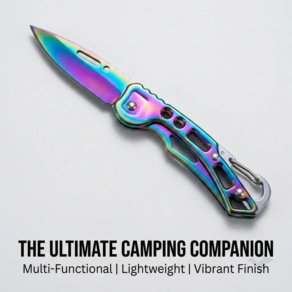 UFMUFM Foldable Rainbow Coated Stainless Steel Cutlery Set - Pocket-Friendly Portable Multipurpose Knives with Safe Lock, Built-In Backpack Clip, Knife Block, Stainless Steel Tools for Kitchen/Outdoor Use, Outdoor Multifunctional Tools