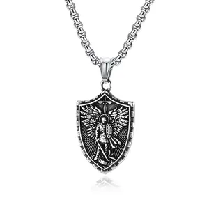 Stainless Steel Saint Michael Necklace St Michael the Archangel Shield Pendant Amulet for Men Women Stainless Steel Saint Michael Necklace St Michael the Archangel Shield Pendant Amulet for Men Women