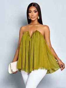 Women's Plus Size Elegant Chic Feminine Deep V Neck Summer Shimmer Fabric Ruched Thin Strap Layered Halter Top, Stylish and Comfortable Design