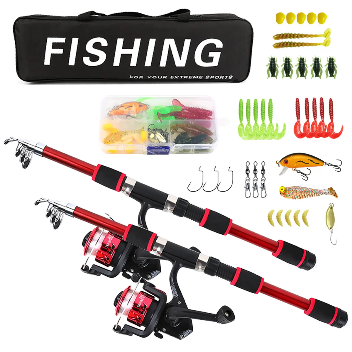 Double Rod Dual Wheel Fishing Set with Telescopic Fishing Pole, Spinning Reel, Various Lures & Storage Bag, Complete Fishing Equipment Combination, Fishing Tackle Kit, Fishing Gear