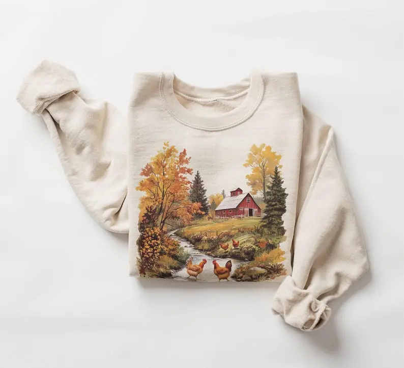 Retro Chickens & Red Barn Farm Fall Creek Scene Sweatshirt/Tshirt - 90's Vintage Backyard Chicken Farmer Outfit - Boho Unisex Crewneck Sweatshirt,Gift Women and men