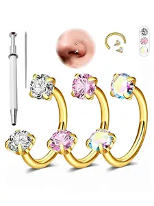 Stainless Steel Horseshoe Nose Rings with CZ 3Pcs Set, 20G Screw-On Septum Rings with Insertion Tool, Hypoallergenic Nose Piercing Jewelry for Women Men, Versatile for Nose/Lip/Ear Piercings
