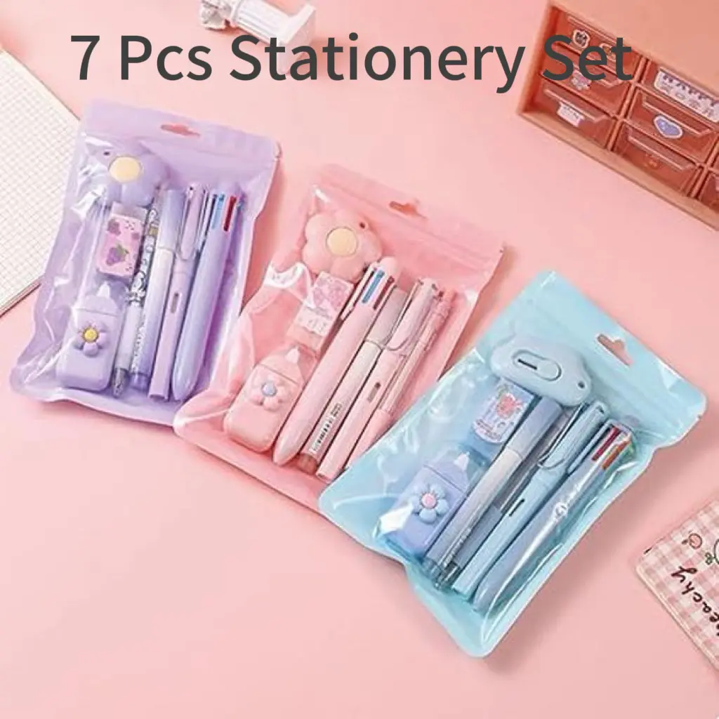 7Pcs Kawaii Pastel Flower Stationery Set, Cute School Office Supplies Kit, Pens Eraser Correction Tape, Back to School & Birthday Gift