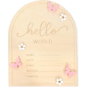 Hello World Newborn Sign - Baby Announcement Sign for Baby Showers, Pink Butterfly Newborn Birth Announcement Board, Daisy Wooden Baby Milestone Card,Welcome