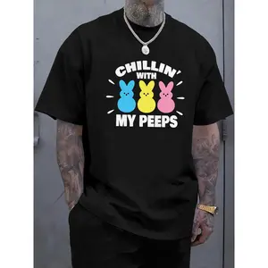 Men's Classic Navy Blue Short-Sleeve Crewneck T-Shirt - Easter Bunny Graphic, 'Chillin' with My Peeps' Phrase, Breathable Soft Fabric, Casual Comfortable for Summer Wear