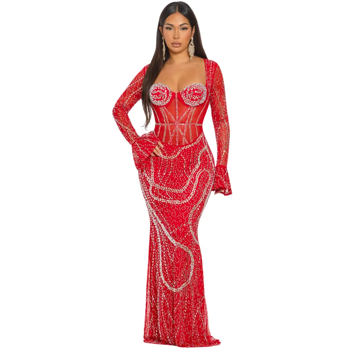 Luxury Crystal Sheer Corset Gown with Bell Sleeves - Rhinestone Mesh Maxi Dress in Red Black & Nude for Special Occasions All-Over Crystal Embellishment Structured Bustier Cups Long Flared Bell Sleeves Bodycon Silhouette Back Zipper Fashion Formal Wear