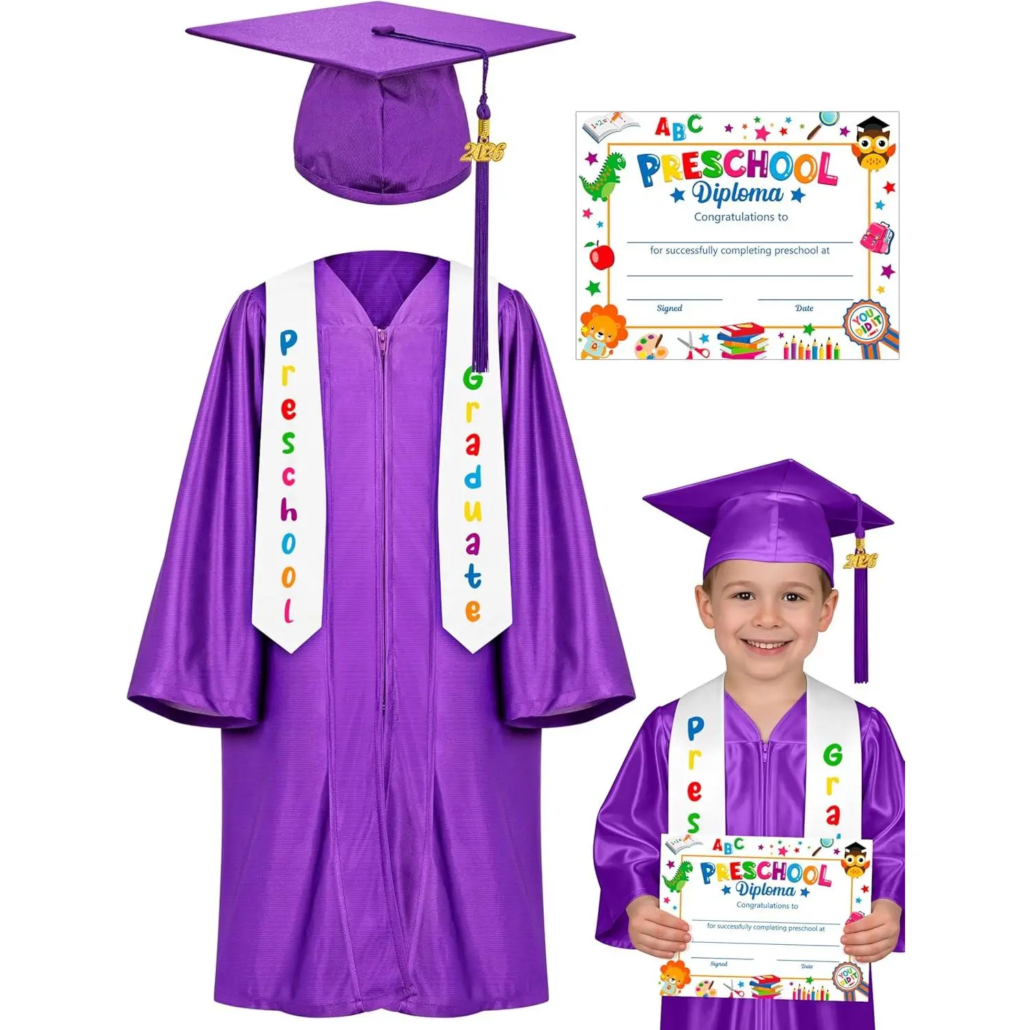 QZYL Preschool Graduation Cap and Gown Set, Unisex Kindergarten Graduation Outfit with Stole 2026 Tassel and Certificate