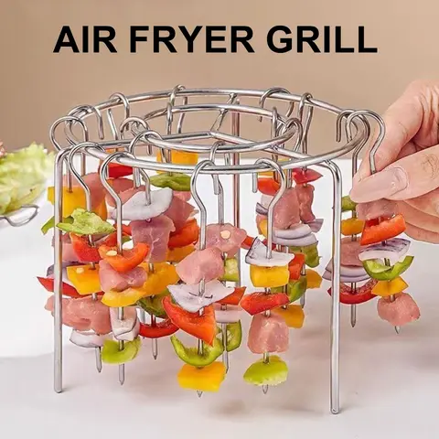 Stainless Steel 2-Piece Air Fryer Skewer Rack Set - Barbecue Cooking Kitchen Grilling Accessories, Upright Metal Skewers Utensils for Meat, 3D Airflow Bake for Crisp Tender Results, Rinse-Clean Kitchen Appliance Part