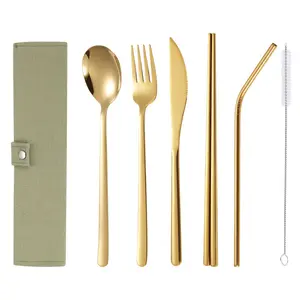 7-piece set, 304 stainless steel tableware set, outdoor portable tableware bag, Travel Accessory, knife, fork, spoon, chopstick straw six-piece set, available for going to school, traveling and camping