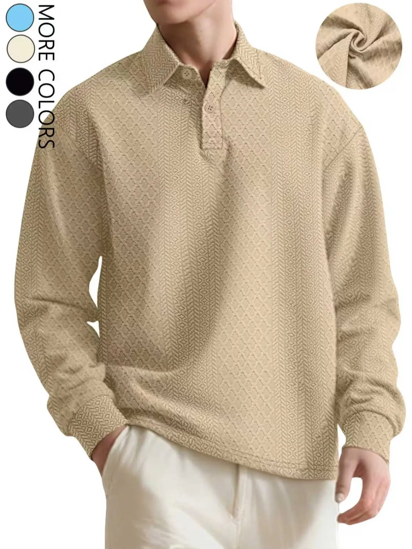 Men's solid-colored long-sleeve lapel top with jacquard texture:button-adjustable neckline,clear 3D jacquard.Relaxed fit,textured and soft to the touch,suitable for daily casual,campus and other occasions—a versatile classic men's jacquard long-sleeve top