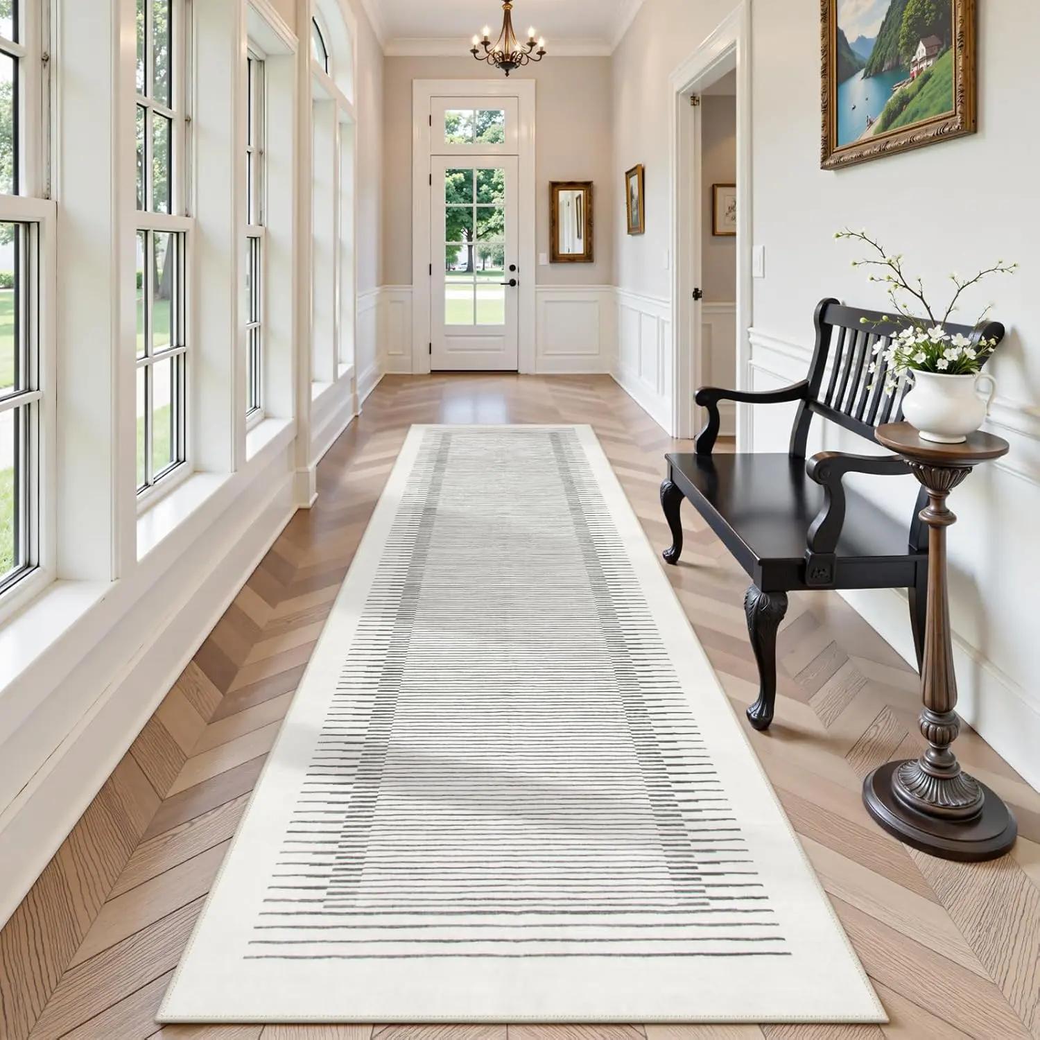 Modern White 2.5x8 Hallway Runner Rug, Berber Striped Kitchen Rugs Non Slip Washable Runner Rug, Soft Low Pile Indoor Floor Carpet for Bathroom Bedroom Laundry