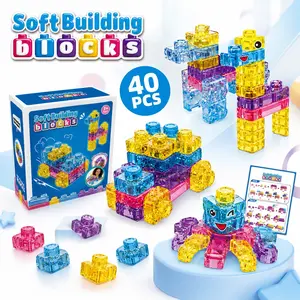 40PCS Soft Silicone Squishy Jelly Building Blocks, Building Block Sets, Stretchy Stacking Sensory Montessori STEM Toys for Toddlers 3+ Year Old, Non-Toxic BPA-Free DIY Educational Construction Set, Preschool Kindergarten Birthday Gift for Boys Girls