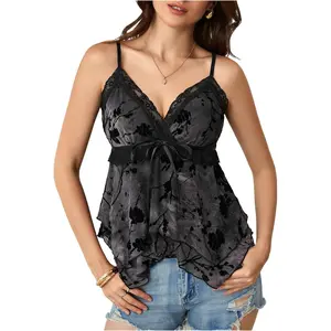 Women's Y2K Crop Tops Mesh Babydoll Lace Cami Floral 2000s Clothing Gothic Going Out Tops with V-Neck and Spaghetti Straps Womenswear Sleeveless Casual Elegance Vintage Fits
