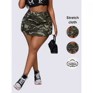 Women’s camouflage print denim skirt, fashionable and casual multi-pocket work pants, suitable for everyday outdoor wear, summer women’s underwear, elastic skirt GARMENTARY